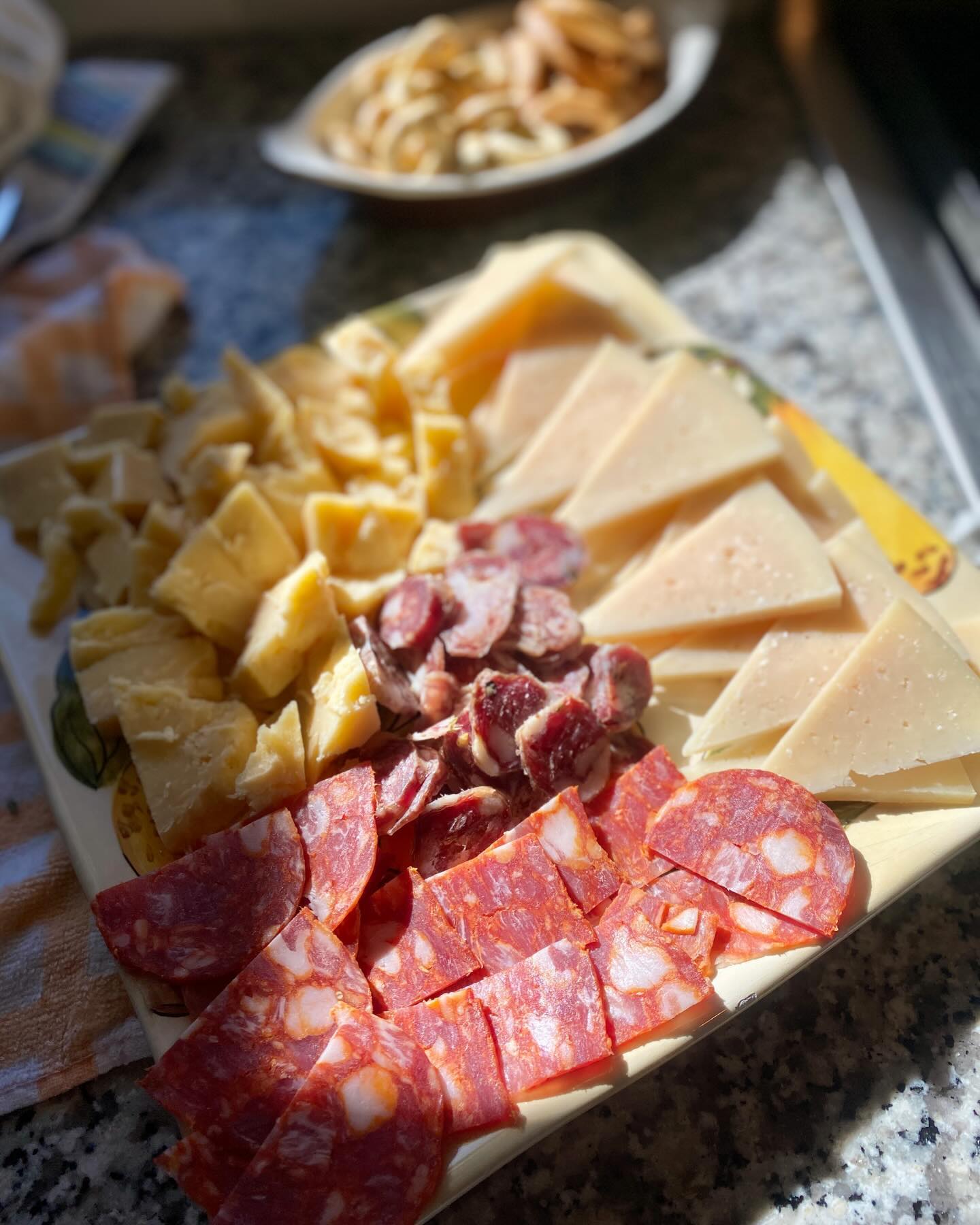 Salumi and cheese anyone? And some fennel Taralli (Italy’s answer to the potato chip) in the background. Salumi guide at: http://www.scordo.com/food/cured-italian-italian-pork-meat-salumi-prosciutto-capocollo-cacciatore-soppressata.html #salumi #salumieformaggi #cheeselover